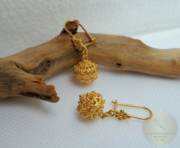 Solid 14k Gold Earrings, Traditional Croatian Gold Filigree Earrings, Dubrovnik 14 k Gold Ball Earrings, Gold Vintage Wedding Jewelry - CroatianJewelryCraft