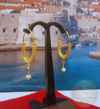 Croatian Filigree Hoop Earrings, Gold Plated Hoop Earrings, Pearl Dangle Hoops, Wedding Earrings, 24k Gold Plated Sterling Silver Earrings - CroatianJewelryCraft