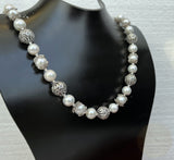 Beaded White Pearl Necklace, White Freshwater Pearl Necklace, Unique Pearl Wedding Jewelry, Sterling Silver Necklace, Silver Ball Necklace