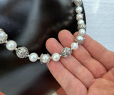 Beaded White Pearl Necklace, White Freshwater Pearl Necklace, Unique Pearl Wedding Jewelry, Sterling Silver Necklace, Silver Ball Necklace