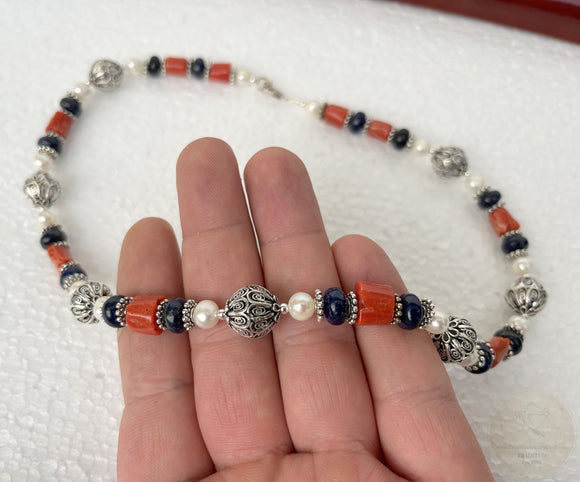 Multi Stone Mediterranean Coral Necklace w Freshwater Pearl & Lapis Lazuli Gemstone, Filigree Ball Sterling Silver Necklace