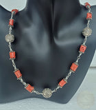 Long Mediterranean Coral Chain Necklace With Traditional Croatian Filigree Ball, Dubrovnik Filigree Salmon Red Coral Necklace