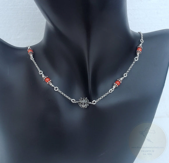 Mediterranean Coral Chain Necklace With Traditional Croatian Filigree Ball, Dubrovnik Filigree Salmon Red Coral Necklace