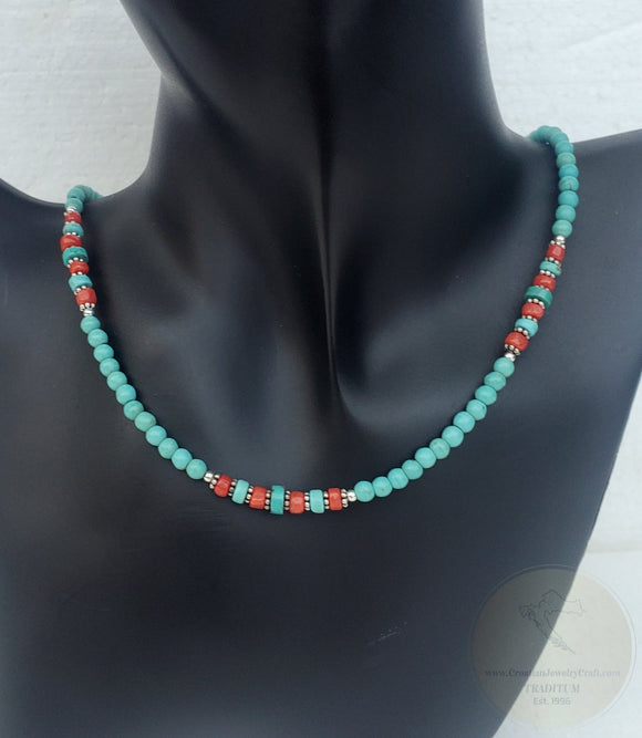 Simple Small Bead Turquoise Necklace, Mediterranean Red Coral Necklace, Sterling Silver Beaded Dainty Necklace, Made In Croatia