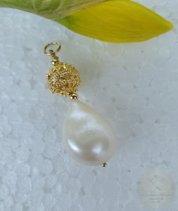 Dainty Traditional Croatian White Pearl Pendant, 24k Gold Plated Sterling Silver Filigree Ball Pendant, Filigree Metalwork Pendant
