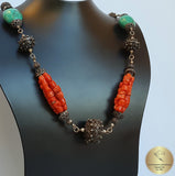 Dubrovnik Filigree Ball Necklace, Coral and Turquoise Statement Necklace, Mediterranean Orange- Red Coral Necklace, Sterling Silver Necklace - CroatianJewelryCraft