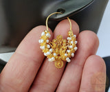 Traditional Croatian Solid Gold Hoop Earrings 14k, Dalmatian Wedding Jewelry - Recine, 14k Gold Filigree Hoops, White Pearl Dangle Hoops - CroatianJewelryCraft