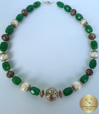 Beaded White Pearl Necklace, Green Aventurine Gemstone Necklace, Dubrovnik Filigree Ball Necklace, Croatian Traditional Jewelry, Sterling - CroatianJewelryCraft