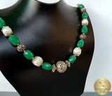 Beaded White Pearl Necklace, Green Aventurine Gemstone Necklace, Dubrovnik Filigree Ball Necklace, Croatian Traditional Jewelry, Sterling - CroatianJewelryCraft