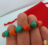 Unique Statement Bracelet, Untreated Precious Old Mediterranean Coral Bracelet, Natural Turquoise Bracelet, Solid 14k Gold Bracelet - CroatianJewelryCraft