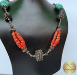 Dubrovnik Filigree Ball Necklace, Coral and Turquoise Statement Necklace, Mediterranean Orange- Red Coral Necklace, Sterling Silver Necklace - CroatianJewelryCraft