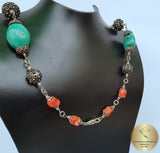 Dubrovnik Filigree Ball Necklace, Coral and Turquoise Statement Necklace, Mediterranean Orange- Red Coral Necklace, Sterling Silver Necklace - CroatianJewelryCraft