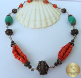 Dubrovnik Filigree Ball Necklace, Coral and Turquoise Statement Necklace, Mediterranean Orange- Red Coral Necklace, Sterling Silver Necklace - CroatianJewelryCraft