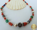 Multi Gemstone Necklace w Freshwater Pearl & Natural Mediterranean Coral, Dubrovnik Filigree Ball, Orange Coral, Turquoise, Lapis Lazuli - CroatianJewelryCraft