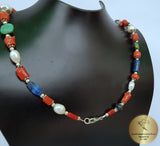 Multi Gemstone Necklace w Freshwater Pearl & Natural Mediterranean Coral, Dubrovnik Filigree Ball, Orange Coral, Turquoise, Lapis Lazuli - CroatianJewelryCraft