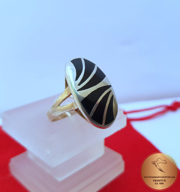 Black Enamel Ring, Sterling Silver Ring, Black Stripe Ring, Black Ring, Handmade Ring - Traditional Croatian Jewelry