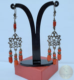 Large Coral Earrings, Long Coral Earrings, Statement Coral Earrings, Mediterranean Coral Chandelier Earrings, Sterling Silver Earrings - CroatianJewelryCraft