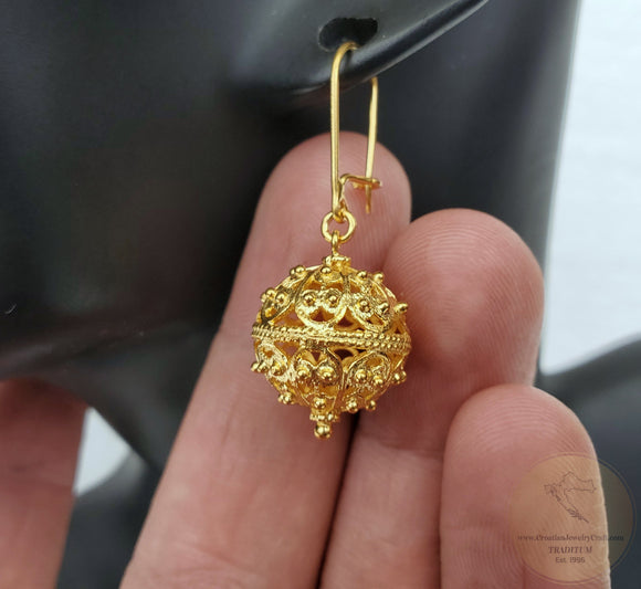 Traditional Croatian Solid 14k Gold Earrings, Dubrovnik Filigree Ball Earrings, LArge Gold Earrings, Statement Earrings, Bridal Earrings - CroatianJewelryCraft