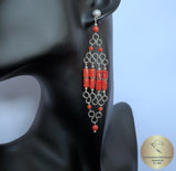 Red Coral Chandelier Earrings, Long Earrings, Undyed Mediterranean Coral Statement Earrings, Unique Artisan Earrings, Silver Bridal Earrings - CroatianJewelryCraft