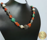 Multi Gemstone Necklace w Freshwater Pearl & Natural Mediterranean Coral, Dubrovnik Filigree Ball, Orange Coral, Turquoise, Lapis Lazuli - CroatianJewelryCraft