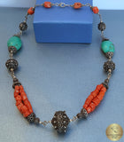 Dubrovnik Filigree Ball Necklace, Coral and Turquoise Statement Necklace, Mediterranean Orange- Red Coral Necklace, Sterling Silver Necklace - CroatianJewelryCraft
