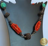 Dubrovnik Filigree Ball Necklace, Coral and Turquoise Statement Necklace, Mediterranean Orange- Red Coral Necklace, Sterling Silver Necklace - CroatianJewelryCraft