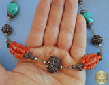 Dubrovnik Filigree Ball Necklace, Coral and Turquoise Statement Necklace, Mediterranean Orange- Red Coral Necklace, Sterling Silver Necklace - CroatianJewelryCraft