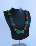 Chunky Turquoise Necklace, Salmon Red Coral Necklace, Large Bead Gemstone Necklace, Old Untreated Mediterranean Coral, Blue Lapis Necklace - CroatianJewelryCraft