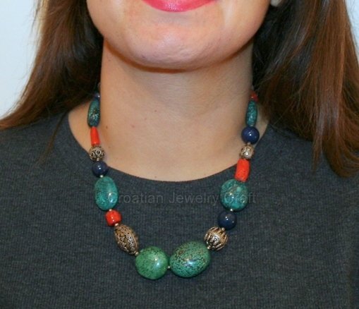 Chunky Turquoise Necklace, Salmon Red Coral Necklace, Large Bead Gemstone Necklace, Old Untreated Mediterranean Coral, Blue Lapis Necklace - CroatianJewelryCraft