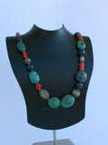 Chunky Turquoise Necklace, Salmon Red Coral Necklace, Large Bead Gemstone Necklace, Old Untreated Mediterranean Coral, Blue Lapis Necklace - CroatianJewelryCraft