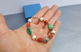 Unique Beaded Stone Variety Bracelet, ( Mediterranean Coral, Turquoise, Freshwater Pearl ), Natural Gemstone Floral Ball Bracelet, Sterling - Traditional Croatian Jewelry