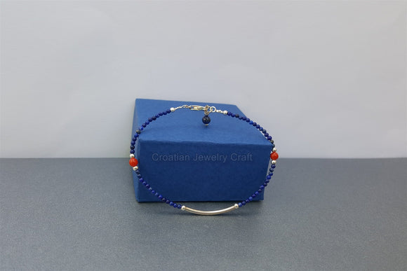 Tiny Bead Blue Lapis Bracelet, Mediterranean Red Coral Bracelet, Small Bead Blue Stone Bracelet, Dainty Gemstone Sterling Silver Bracelet - Traditional Croatian Jewelry
