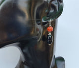 Faceted Black Onyx Earrings, Orange Coral Drop Earrings, Black Stone Earrings, Rustic Earrings, Untreated Mediterranean Coral & Sterling Slv - Traditional Croatian Jewelry