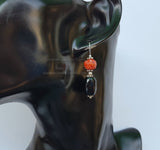 Faceted Black Onyx Earrings, Orange Coral Drop Earrings, Black Stone Earrings, Rustic Earrings, Untreated Mediterranean Coral & Sterling Slv - Traditional Croatian Jewelry