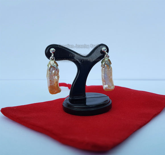 Peach Pearl Earrings, Simple Pearl Dangle Stud Earrings, Sterling Silver Pearl Earrings, Bridesmaids Jewelry, Natural Pearl Jewelry - Traditional Croatian Jewelry