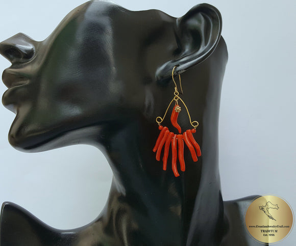 Mediterranean Red Coral Branch Earrings, Solid 14k Gold Statement Earrings, One of a kind Chandelier Earrings, Handcrafted Bridal Earring - CroatianJewelryCraft