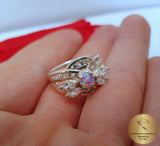 Fire Opal Ring w White Topaz & CZ, Sterling Silver Ring, Flower Ring, Pink Opal Ring, Rose CZ Ring, October Birthstone Ring, Women's Ring - Traditional Croatian Jewelry