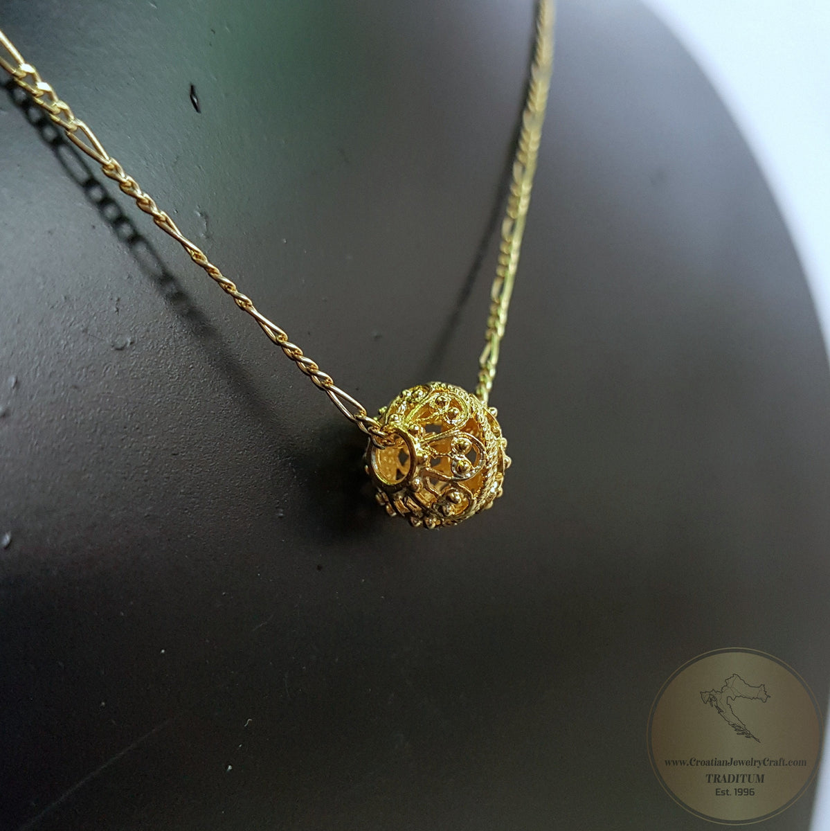 14K Gold Minimalist Pendant, Croatian Filigree Ball Pendant Necklace, Solid Gold Dainty Pendant, Dubrovnik Filigree Pendant with Leather Cord /