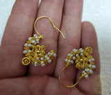 Traditional Croatian Solid Gold Hoop Earrings 14k, Dalmatian Wedding Jewelry - Recine, 14k Gold Filigree Hoops, White Pearl Dangle Hoops
