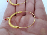Large 14k Gold Filigree Hoops, Traditional Croatian - Konavle Earrings, Red Coral or White Pearl Dangle Hoops In 14k Gold, Wedding Jewelry