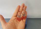 Unique Long Red Coral Earrings, Large Sterling Silver Chandelier Filigree Earrings, Precious Untreated Mediterranean Coral Bridal Earrings - CroatianJewelryCraft