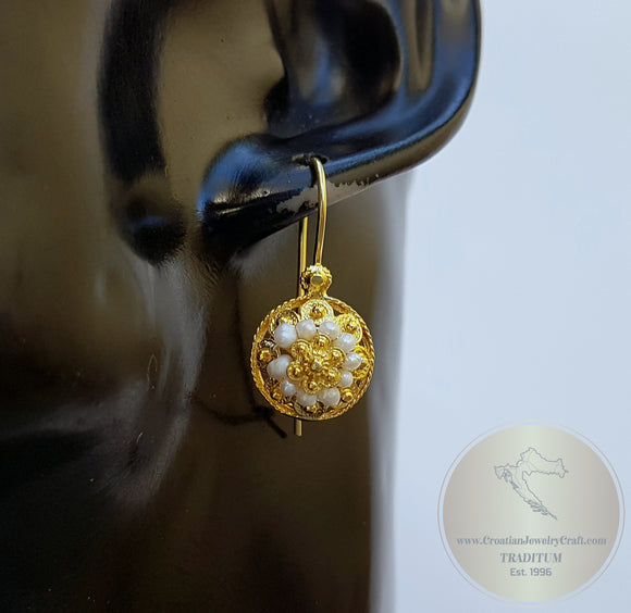 Traditional Croatian Earrings, 24k Gold Plated Filigree Half Ball Earrings, White Freshwater Pearl Earrings, Gold Plated Sterling Metalwork