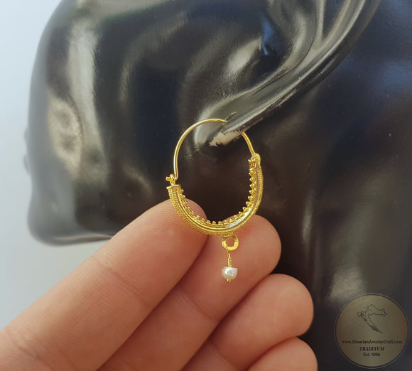 Croatian Filigree Hoop Earrings, Gold Plated Hoop Earrings, Pearl Dangle Hoops, Wedding Earrings, 24k Gold Plated Sterling Silver Earrings