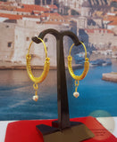 Croatian Filigree Hoop Earrings, Gold Plated Hoop Earrings, Pearl Dangle Hoops, Wedding Earrings, 24k Gold Plated Sterling Silver Earrings
