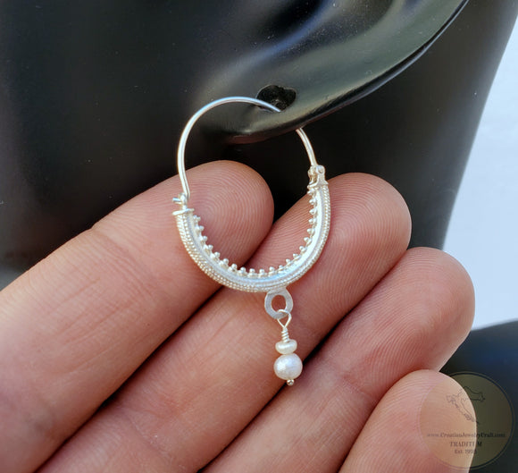 Croatian Hoop Earrings, Sterling Silver Filigree Hoops, White Pearl Dangle Hoops, Konavle Earrings, Dubrovnik Jewelry, Wedding Jewelry