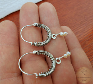 Croatian Hoop Earrings, Sterling Silver Filigree Hoops, White Pearl Dangle Hoops, Konavle Earrings, Dubrovnik Jewelry, Wedding Jewelry