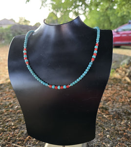 Simple Small Bead Turquoise Necklace, Mediterranean Red Coral Necklace, Sterling Silver Beaded Dainty Necklace, Made In Croatia