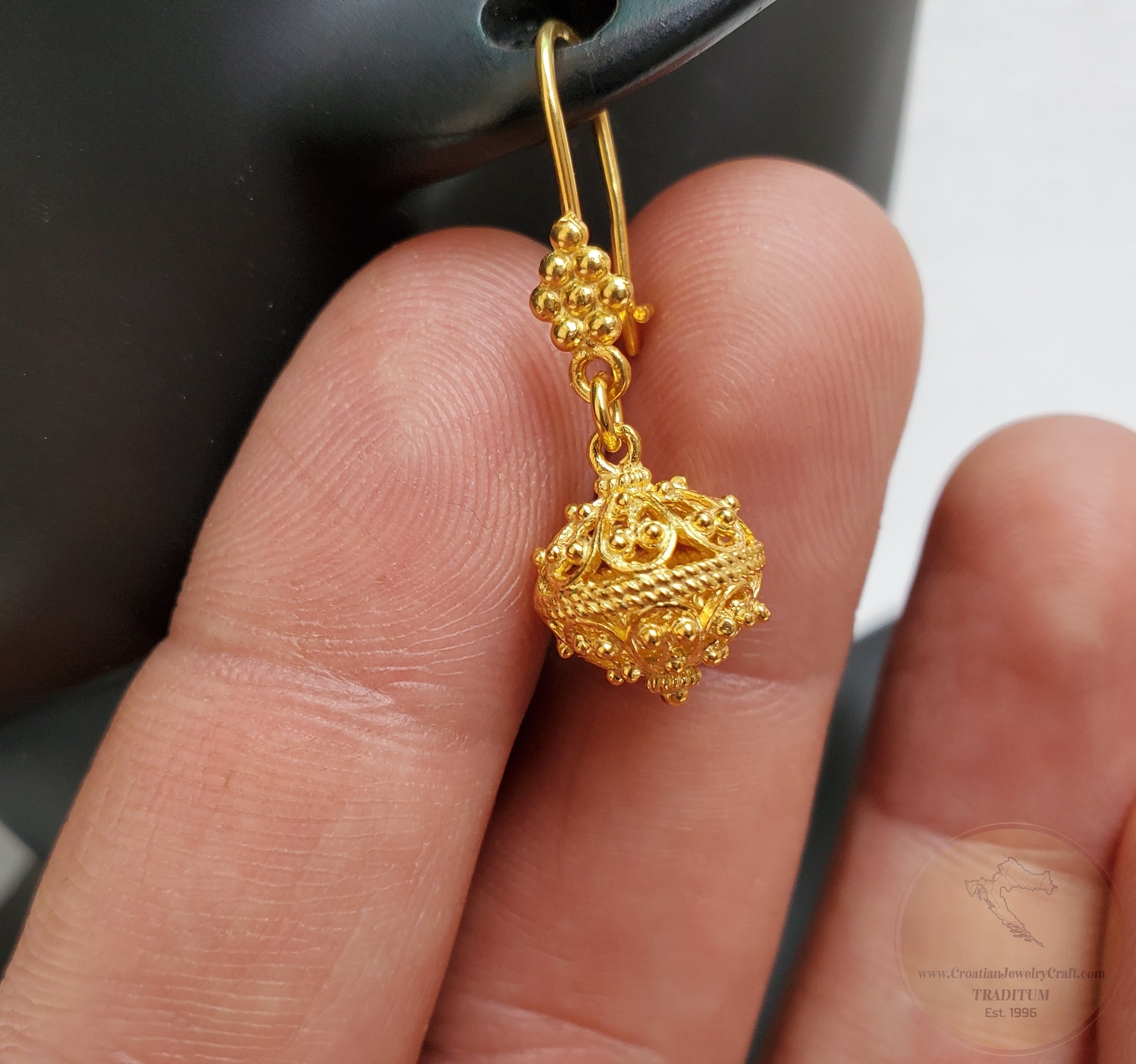 14K Gold Traditional Croatian Filigree Ball Earrings