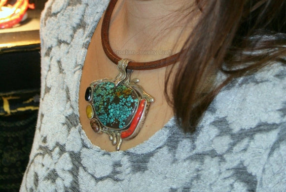 Unique Statement Pendant, Natural Coral Pendant, Multi Gemstone Pendant ( Turquoise, Onyx, Yellow Opal, Labradorite ), Vintage Pendant