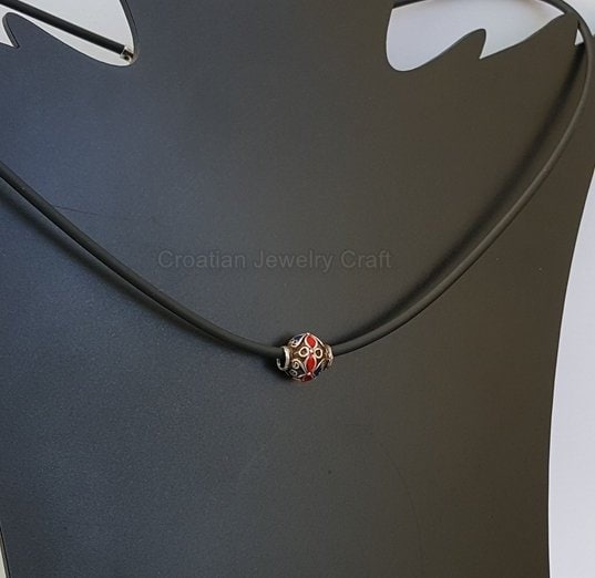 Dainty Single Pearl Enamel Necklace, Floating Pendant Necklace, Sterling Silver Red and Blue Pendant Necklace